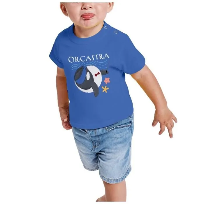 T-shirt Bébé Manche Courte Bleu Orcastra Orchestre Animaux Orque Mer Dessin Enfant-1