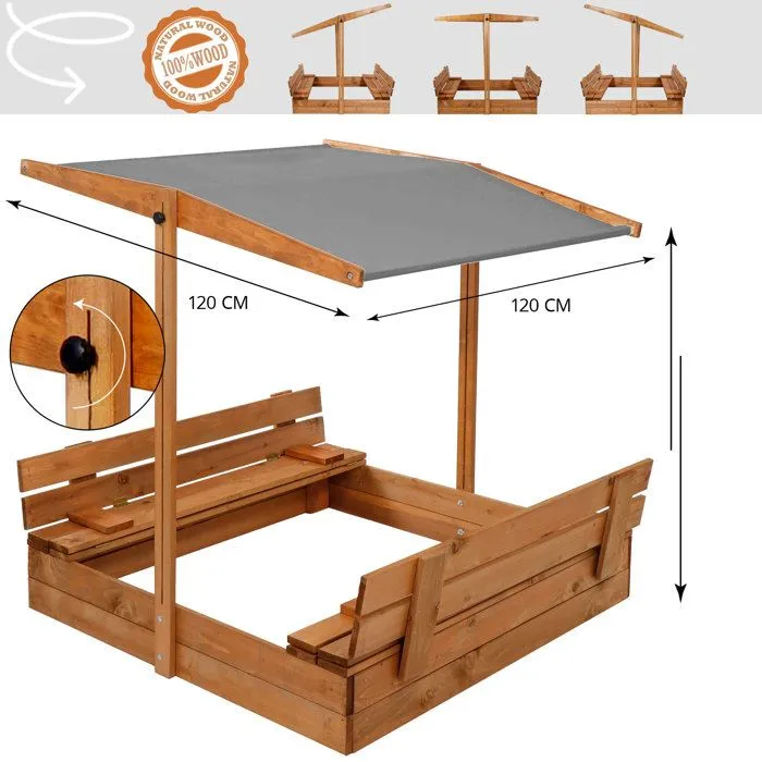 Bac à Sable - Springos - 120 x 120 cm - Bois Massif - Bancs Pliables - Toit Réglable-2