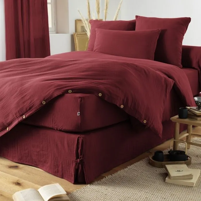 Drap Housse Double Gaze de Coton Bordeaux – 140 x 190 cm – Bonnet 30 cm-2