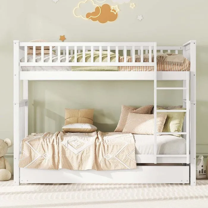 MODERNLUXE Lit superposé 90x200 cm, lit enfant, lit triple, lit superposé avec lit gigogne, garde-corps haut, avec escalier, blanc-2