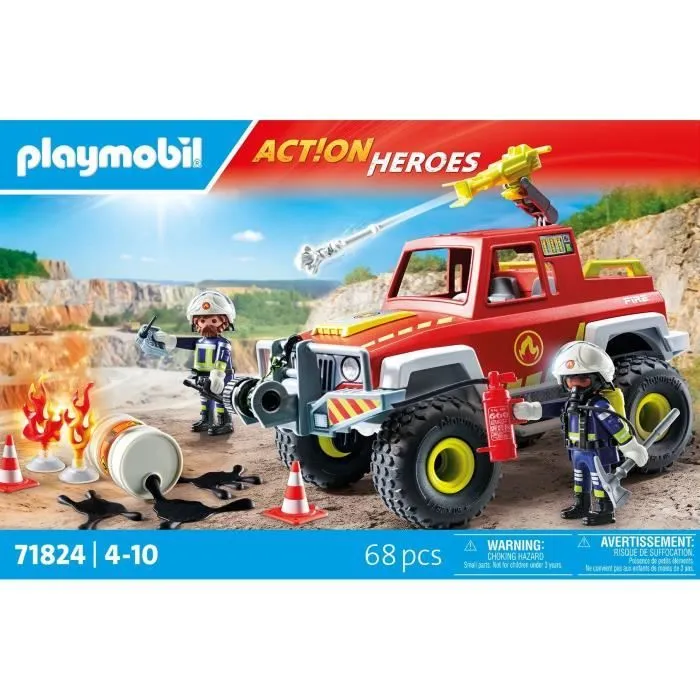 PLAYMOBIL 71824 Véhicule de pompiers avec bidon d'essence enflammé, Action Heroes, Les pompiers, 68 pièces, Dès 4 ans-4