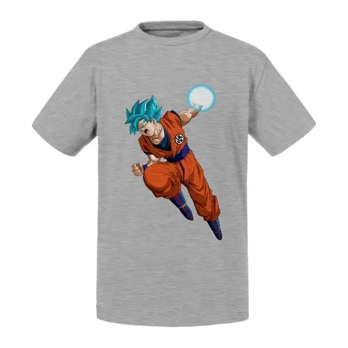 T-shirt Enfant Gris Dragon Ball Super Son Goku Cheveux Bleus Attaque Kameha Anime Manga Japon-0