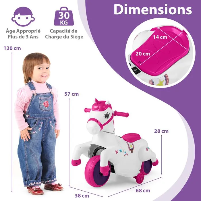 COSTWAY 12V Moto Électrique Enfant Licorne avec Musique, Roues d'Entraînement & Mode Équitation, 3 km/h, 30kg, 3 Ans+, Rose-4