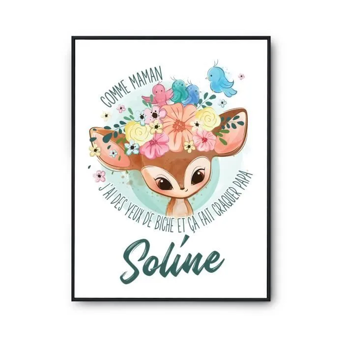 Affiche prénom Soline Biche | Poster pour chambre bébé et enfant pour décoration murale qualité papier Premium A3-0