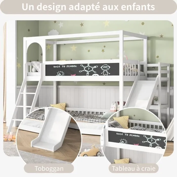 Lit superposé 90x200cm pour enfant - lit 2 places avec étagères, toboggan, tableau noir, échelles - blanc-2