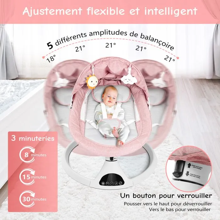 Balancelle bébé, Transat électrique avec télécommande, 5 amplitudes de balançoire et musique Bluetooth, Rose-2