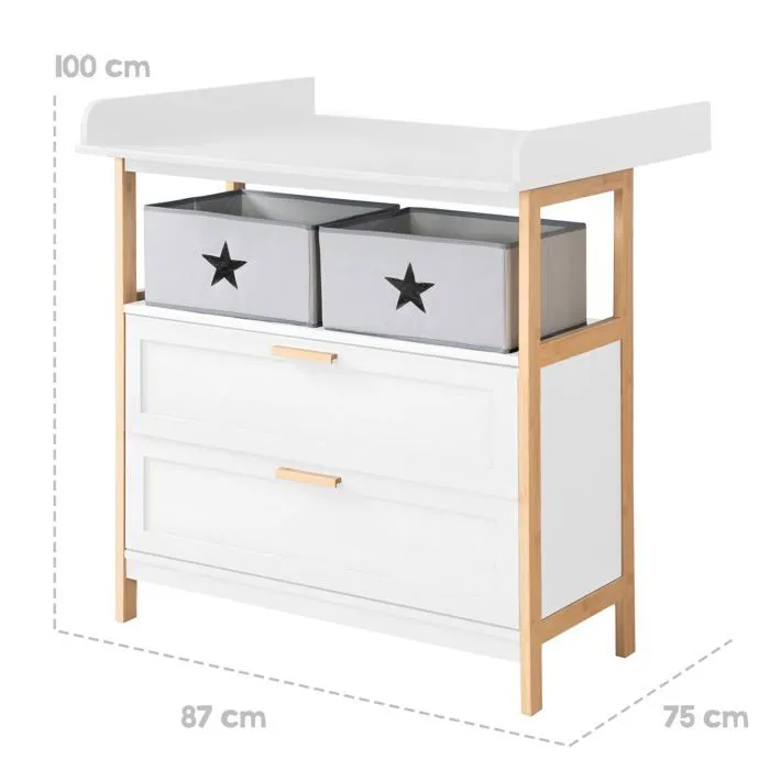 Commode à Langer ROBA - Berlin - 2 Tiroirs + 2 Boîtes de Rangement en Tissu - Meuble à Langer Évolutif - Blanc - Bambou-4
