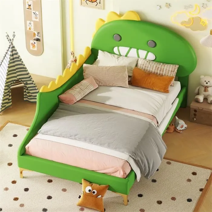 Lit d'enfant - Dinosaure - 90x200cm - PU - Vert - 1 place-1