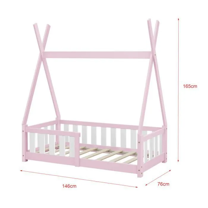 Lit Tipi pour Enfants Helsingborg avec Grille de Sécurité Pin 140 x 70 cm Rose [en.casa]-2