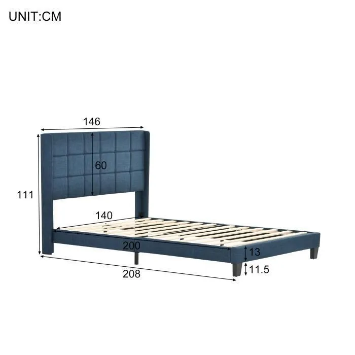 Merax lit double pour adulte 140x200cm, 2places, revêtement en lin bleu, avec sommier à lattes, style scandinave, bleu-3
