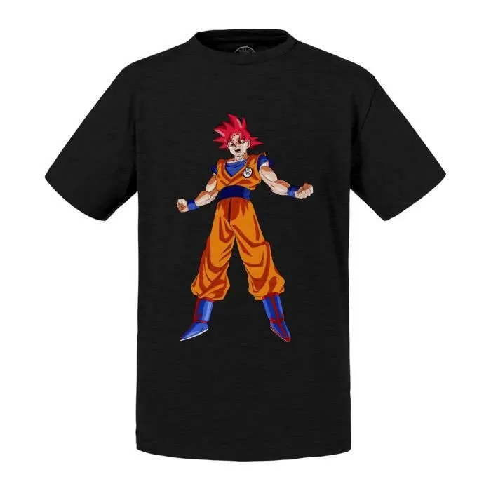 T-shirt Enfant Noir Dragon Ball Super Son Goku Super Saiyan Dieu Rouge s'Énerve Anime Manga Japon-0
