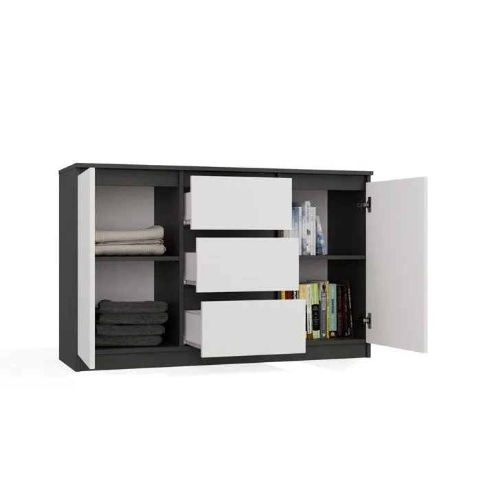 CAZAR - Commode 2 portes + 3 tiroirs - Dimensions : 75x120x40 - Buffet - Anthracite et Blanc-1