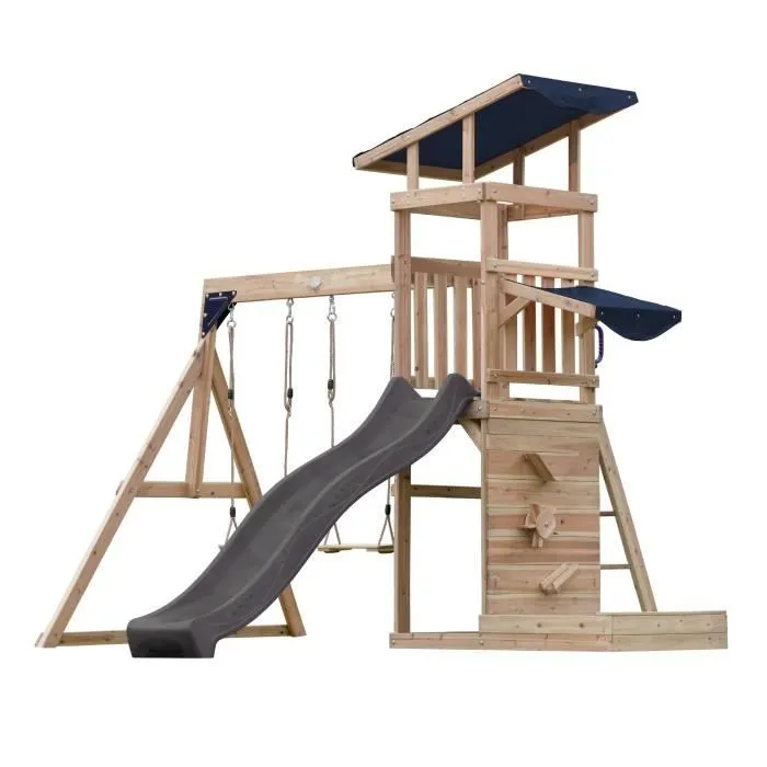 AXI Malik Aire de Jeux en Bois avec 2 Balançoires, Toboggan Gris/ Aire de Jeux Extérieur avec Bac à Sable et Mûr de Jeux/Toboggan-1