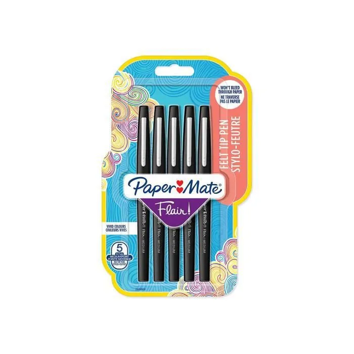 Paper Mate Flair Original - 5 Feutres - Noir - pointe moyenne 0.7 mm, Sous blister-0