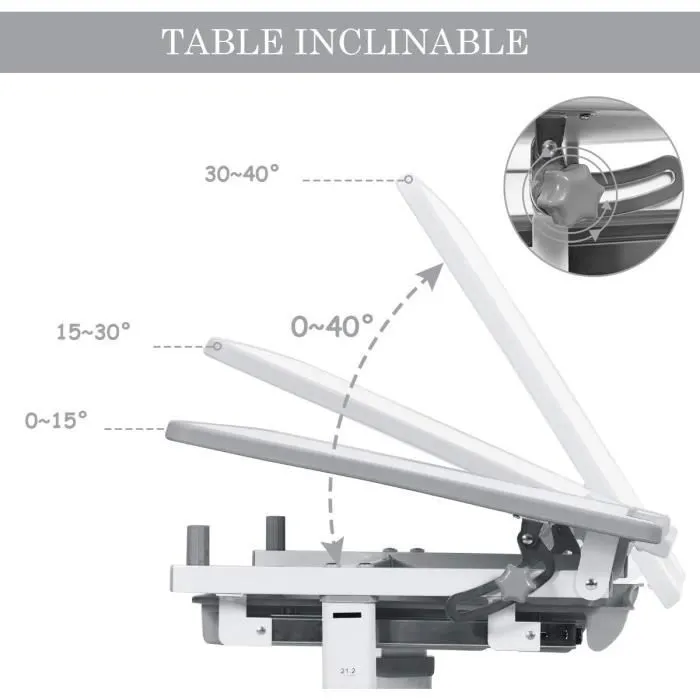 COSTWAY Bureau Enfant Ergonomique Hauteurs et Angle Réglable 0-40° Ensemble Table avec Chaises,Table à Dessin avec 1 Tiroir Gris-3