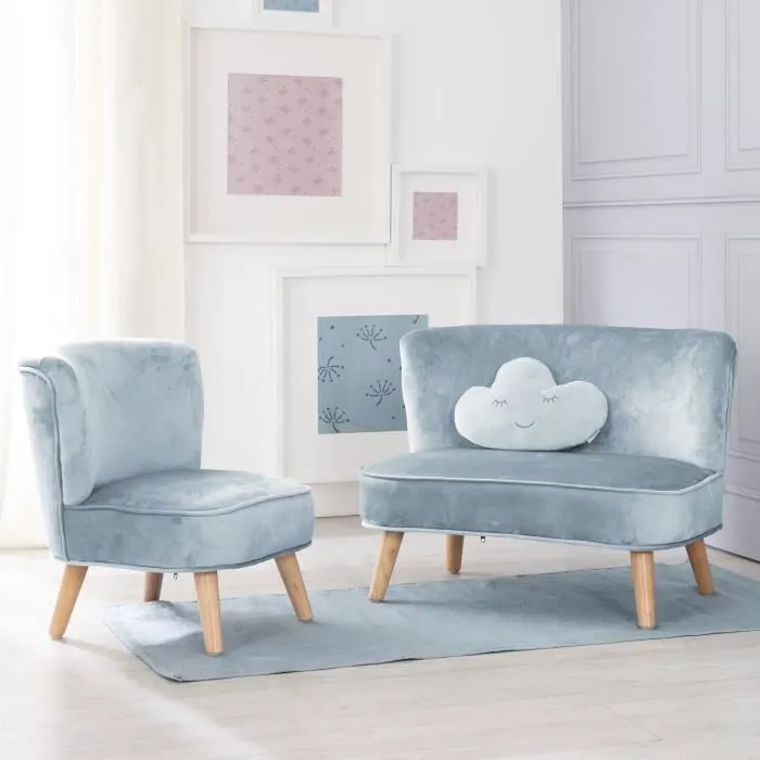 ROBA Canapé et Fauteuil Enfant Lil Sofa + Coussin Décoratif Nuage - Ensemble en Velours - Bleu clair-1