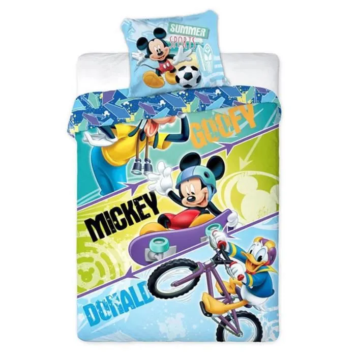 Parure housse de couette - Disney - Mickey Donald et Goofy - Bleu - 140x200 cm - Licence officielle-0