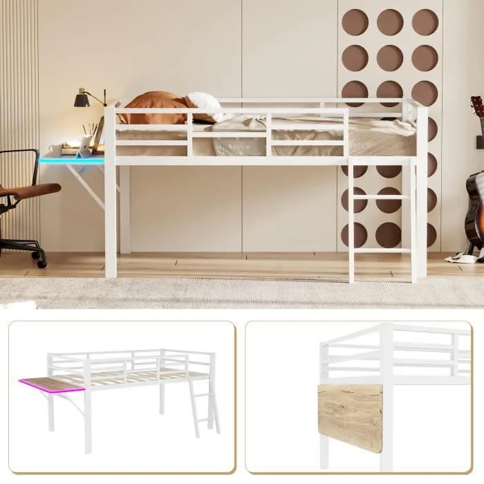 Lit mezzanine enfant - DREAMMESPACE - 90x200 cm - Métal - Bureau pliable - LED télécommandée-1