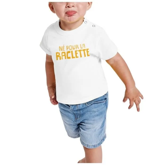 T-shirt Bébé Manche Courte Blanc Né Pour La Raclette Humour Blague Fromage-1