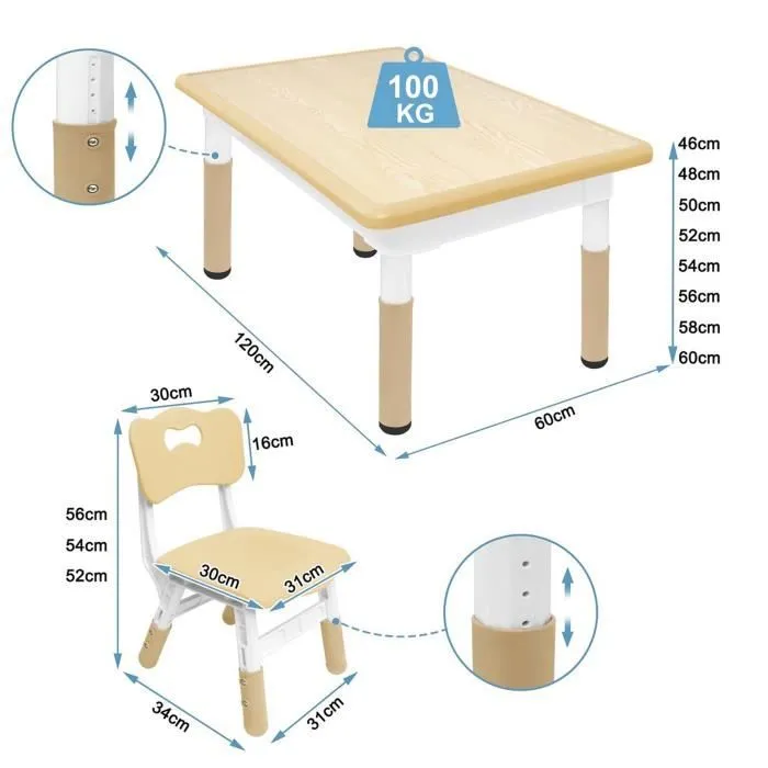 UISEBRT Table avec 4 Chaises pour Enfants Réglable en Hauteur Meubles en Plastique pour Garçons et Filles de 2 à 10 Ans, Beige-1