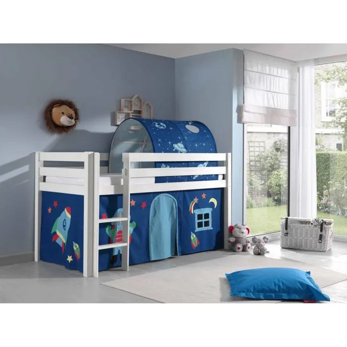 Vipack - PINO Lit sureleve en pin massif 90x200cm avec sommier Blanc + Rideau et tunnel de lit Space-1