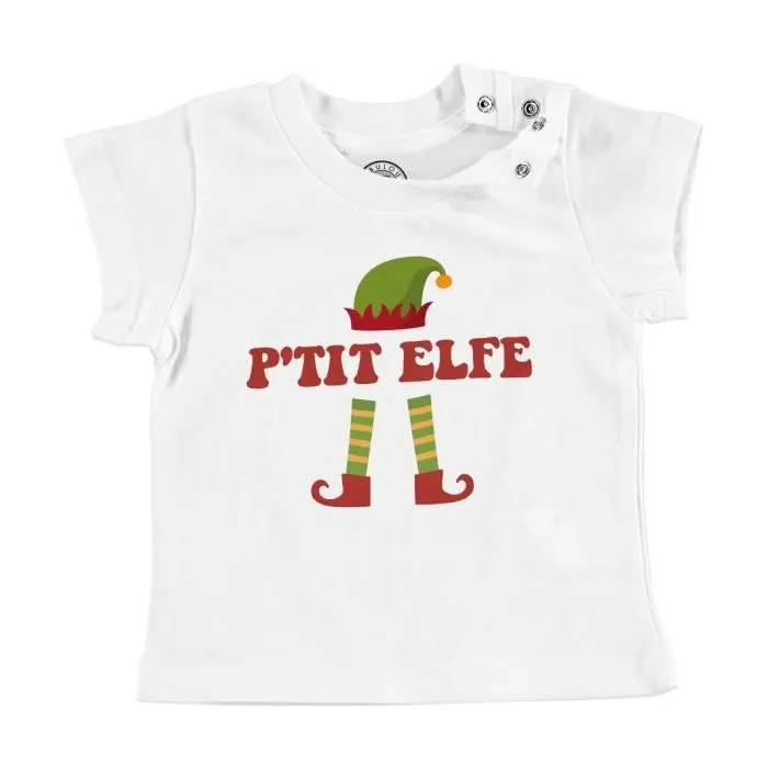 T-shirt Bébé Manche Courte Blanc P'tit Elfe Noel Renne Lutin Hiver Cadeau Père Noel-0