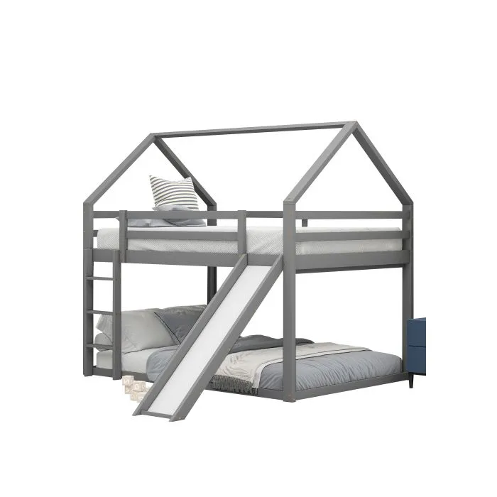 Lit superposé avec toboggan et échelle, lit superposé pour chambre d'enfant, gris, 140x200 cm-4