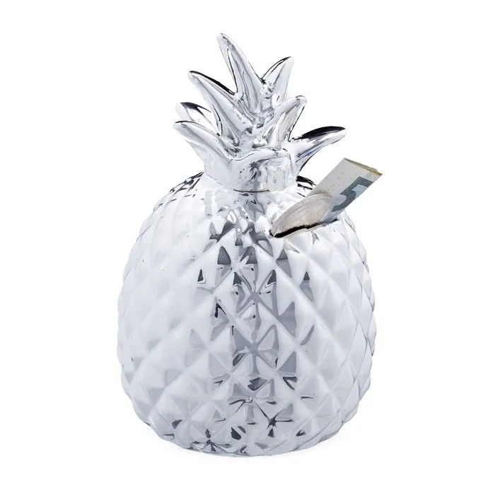 Relaxdays Tirelire ananas cochon déco boite économies épargnes pièces monnaies serrure céramique HxD: 16 x 9 cm, argenté-0