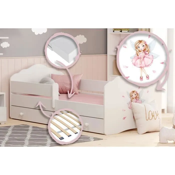 Lit enfant FALA 160 x 80 cm + sommier + matelas + tiroir + barrière de protection avec motif fille aux petites ailes-3