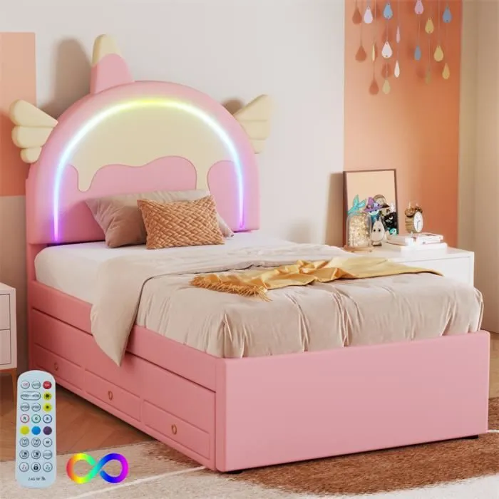 Lit gigogne - Non spécifié - 90x200cm - Tiroirs intégrés - Tête de lit licorne - Rose-1