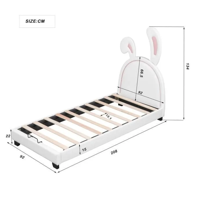 Lit enfant 90x200 cm, en forme d'oreilles de lapin, avec sommier à lattes, tissu en PU, blanc-3