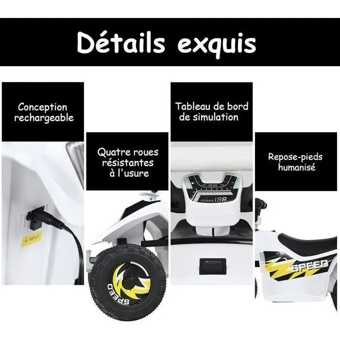 COSTWAY Quad Electrique pour Enfants 6 V 4,5 Km-H max. Voiture Buggy pour Enfants de 3Ans+ Blanc-1