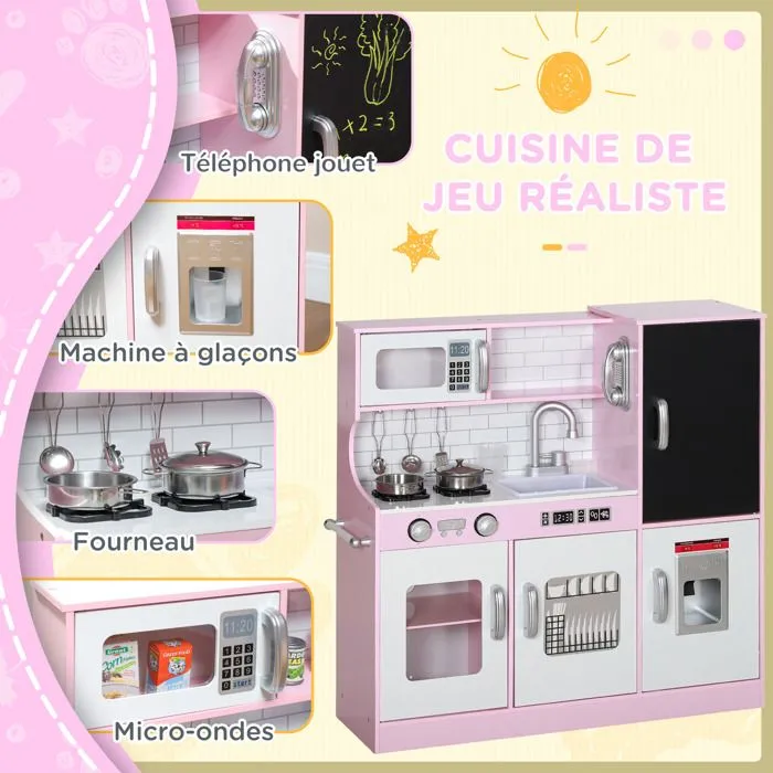 Cuisine enfant AIYAPLAY jouet d'imitation - dinette enfant de 3-8 ans téléphone, tableau noir, micro-ondes, cuisinière, évier, rose-5
