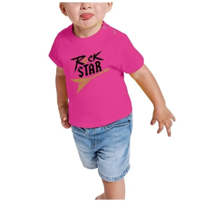 T-shirt Bébé Manche Courte Rose Rock Star Guitare Musique Musicien Instrument-1