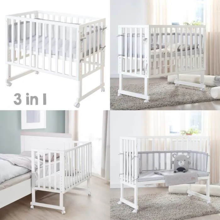 Berceau Cododo ROBA Style 3 en 1 avec barrière + matelas et tour de lit - Blanc-2