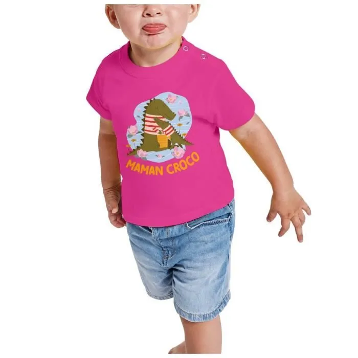 T-shirt Bébé Manche Courte Rose Odile la Maman Crocodile Dessin Illustration-1