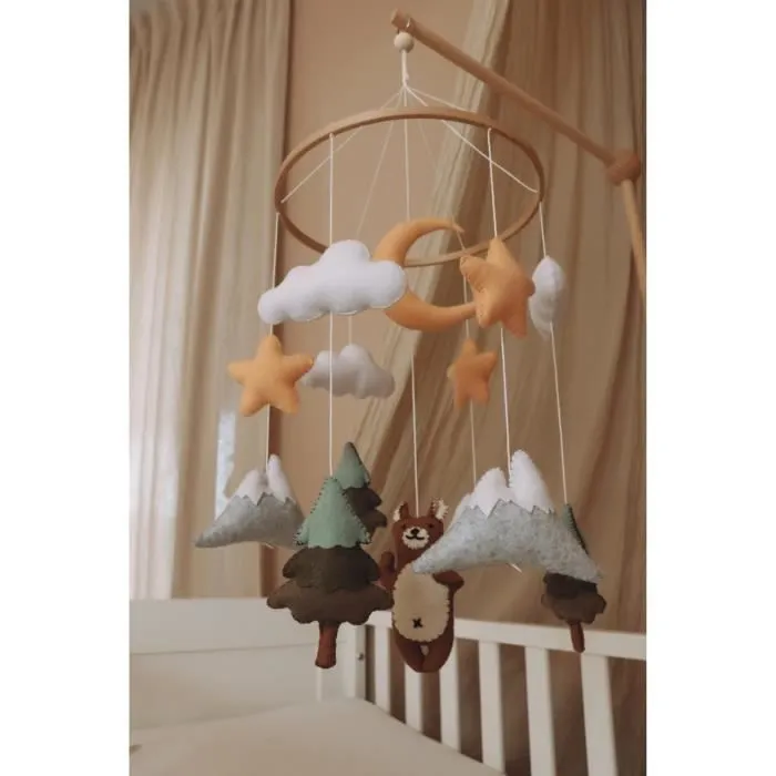 Mobile Musical Bébé - Mobile bébé Ours Brun fait main - mobile musical pour lit-0
