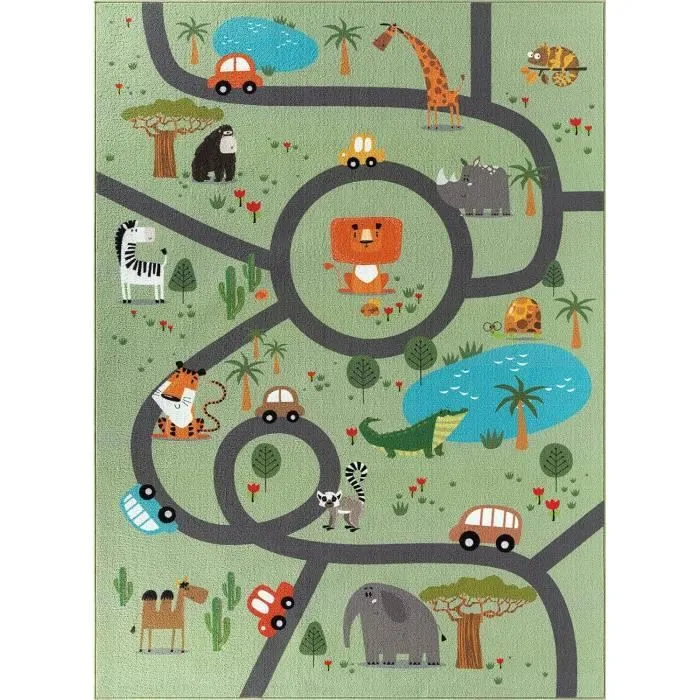 the carpet Happy Life - Tapis de jeu pour chambre d'enfant avec des rues et des animaux de la jungle mignons, vert, 240 x 340 cm-0