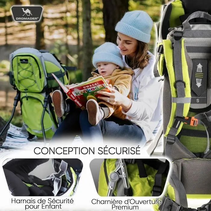 Bebeboutik DROMADER Porte Bebe Randonnee Confortable jusqu a 22kg Sac a Dos avec Poche Isolante Pare Soleil Pluie Vert