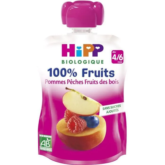 Hipp Bio 100% Fruits Gourde Pommes Pêches Fruits des Bois +4m 90g-0