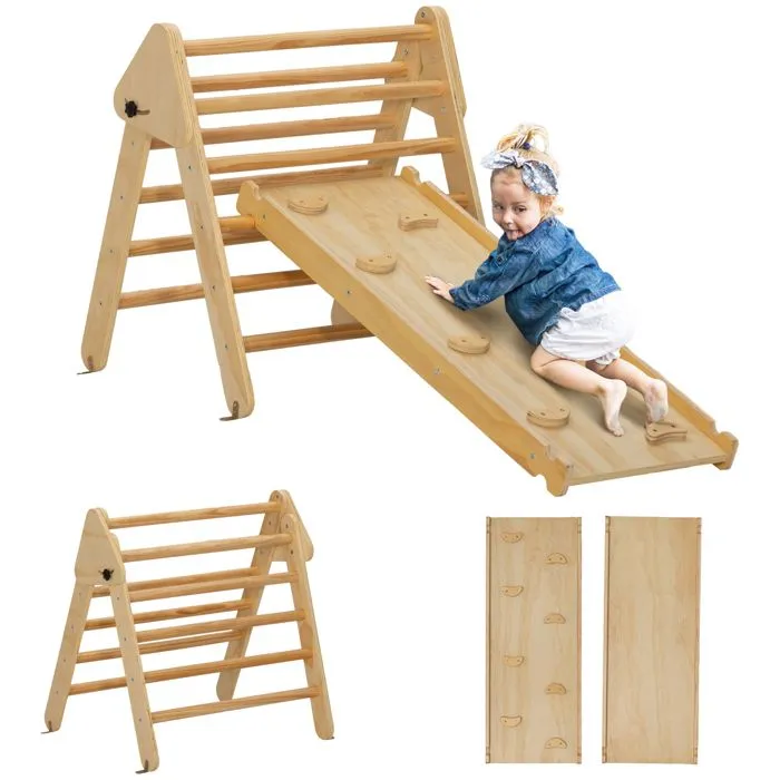 Triangle d'escalade - AIYAPLAY - 3 en 1 en bois pour grimper et glisser - charge max. 50 kg, pour enfants 18-48 mois - bois naturel-0