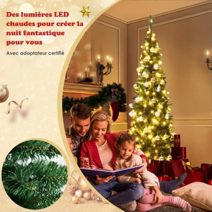Sapin de Noël LED Artificiel 200cm COSTWAY-250 Lumières Blanc Chaud-708 Branches Aiguilles en PVC-Support Métallique Pliable-1