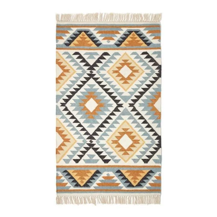 Tapis Kilim en laine à motif géométrique jaune - Agra - 90 x 150 cm-1