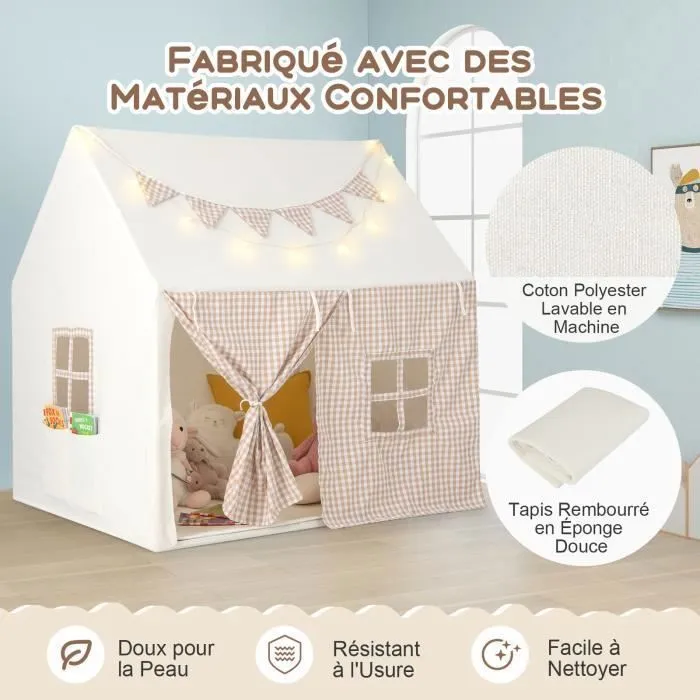 Tente de Jeu Enfants COSTWAY-Tapis Rembourré-Guirlandes Lumineuses Étoiles-Bannière de Fanions-pour 3-8 ans-125 x 100 x 127 cm-Beige-2