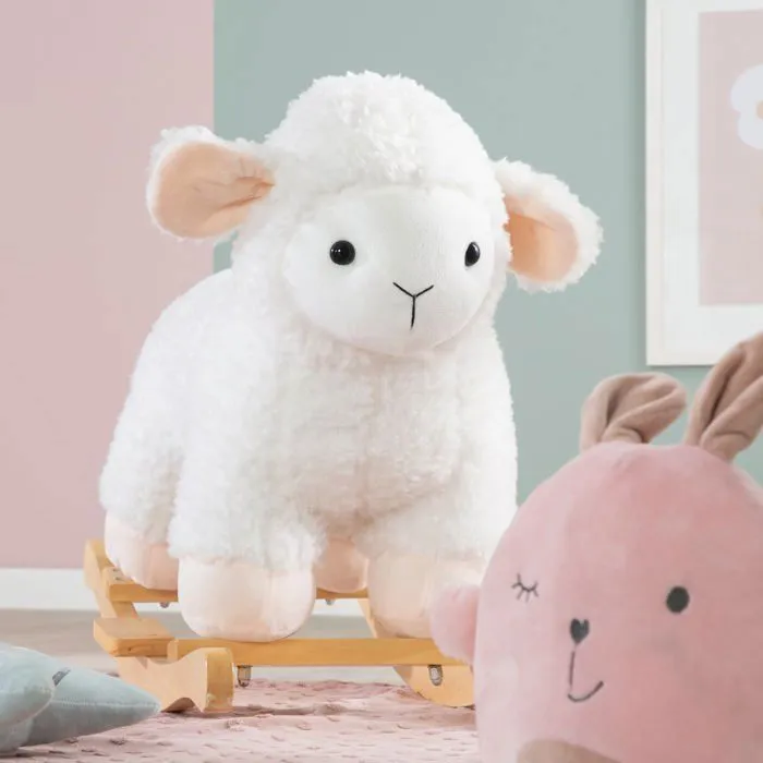 ROBA Agneau à Bascule en Bois et Peluche Douce avec Poignées - Aide à Maîtriser l'Équilibre - dès 18 Mois - Blanc-1