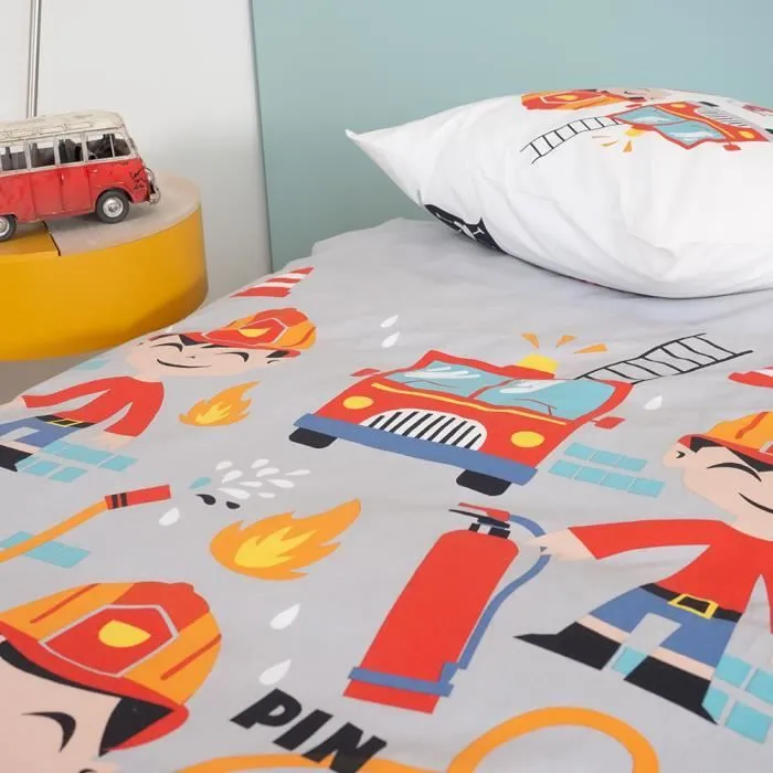 Parure de lit Enfant Réversible Pompier et Pirate Housse de Couette 140x200cm + 1 taie d'oreiller 63x53cm 100% Coton Bio*-3