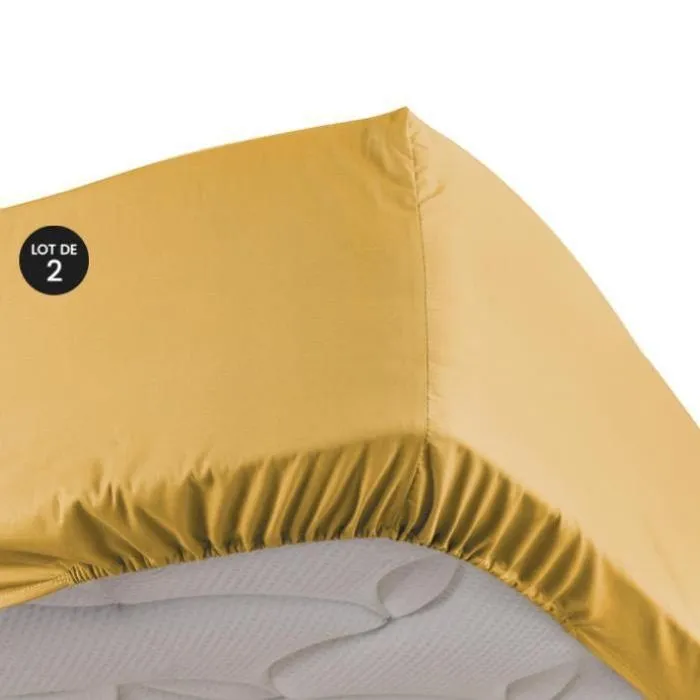 Lot de 2 Draps housse Jaune 140 x 190 cm en percale bonnet 30 cm-0