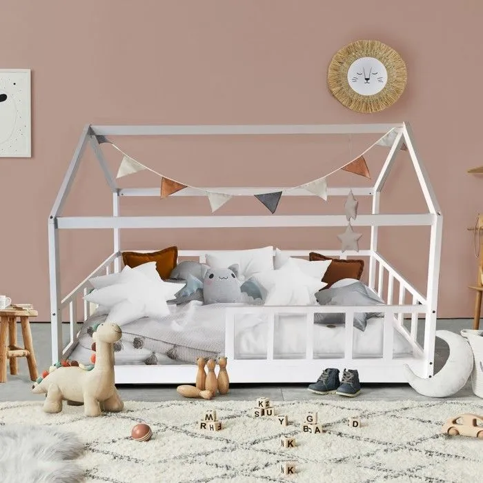 Lit cabane Kiwi 90x190 + 1 sommier + barrière /Blanc-4