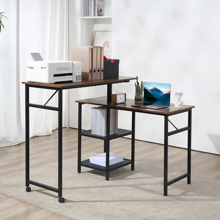 Bureau informatique - HOMCOM - Design industriel modulable - 2 étagères - Aspect vieux bois métal noir-1