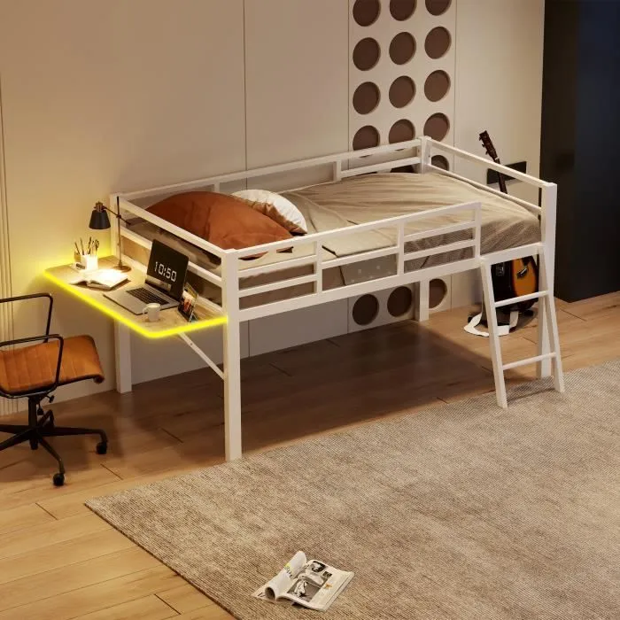 Lit mezzanine enfant - DREAMMESPACE - 90x200 cm - Métal - Bureau pliable - LED télécommandée-0